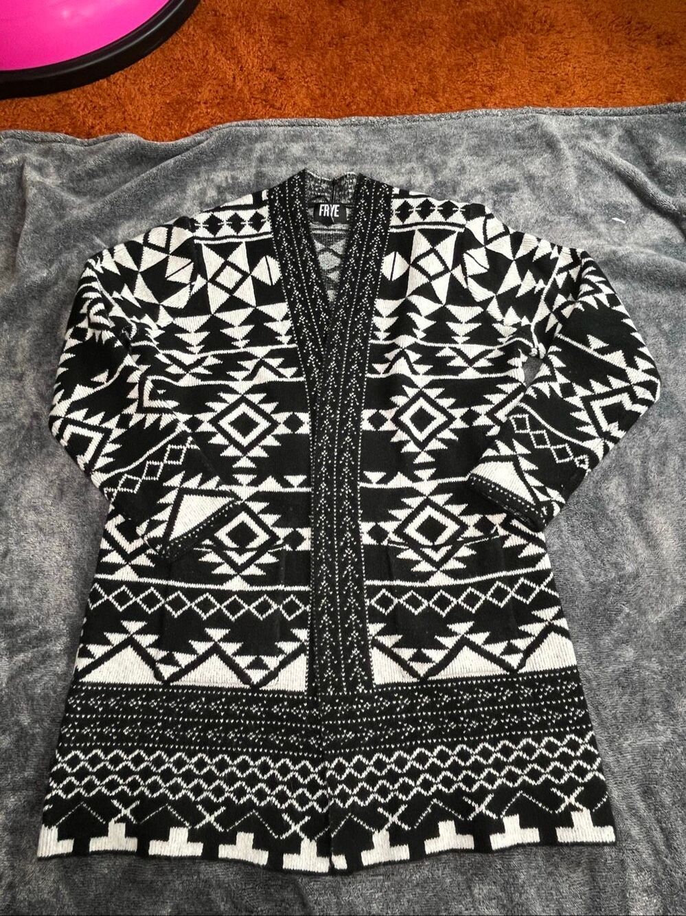 Frye Women’s Cardigan Sweater Black White Tribal Knit Size M